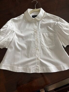 Simone Rocha White Pearl-Collar Puff Sleeve Blouse